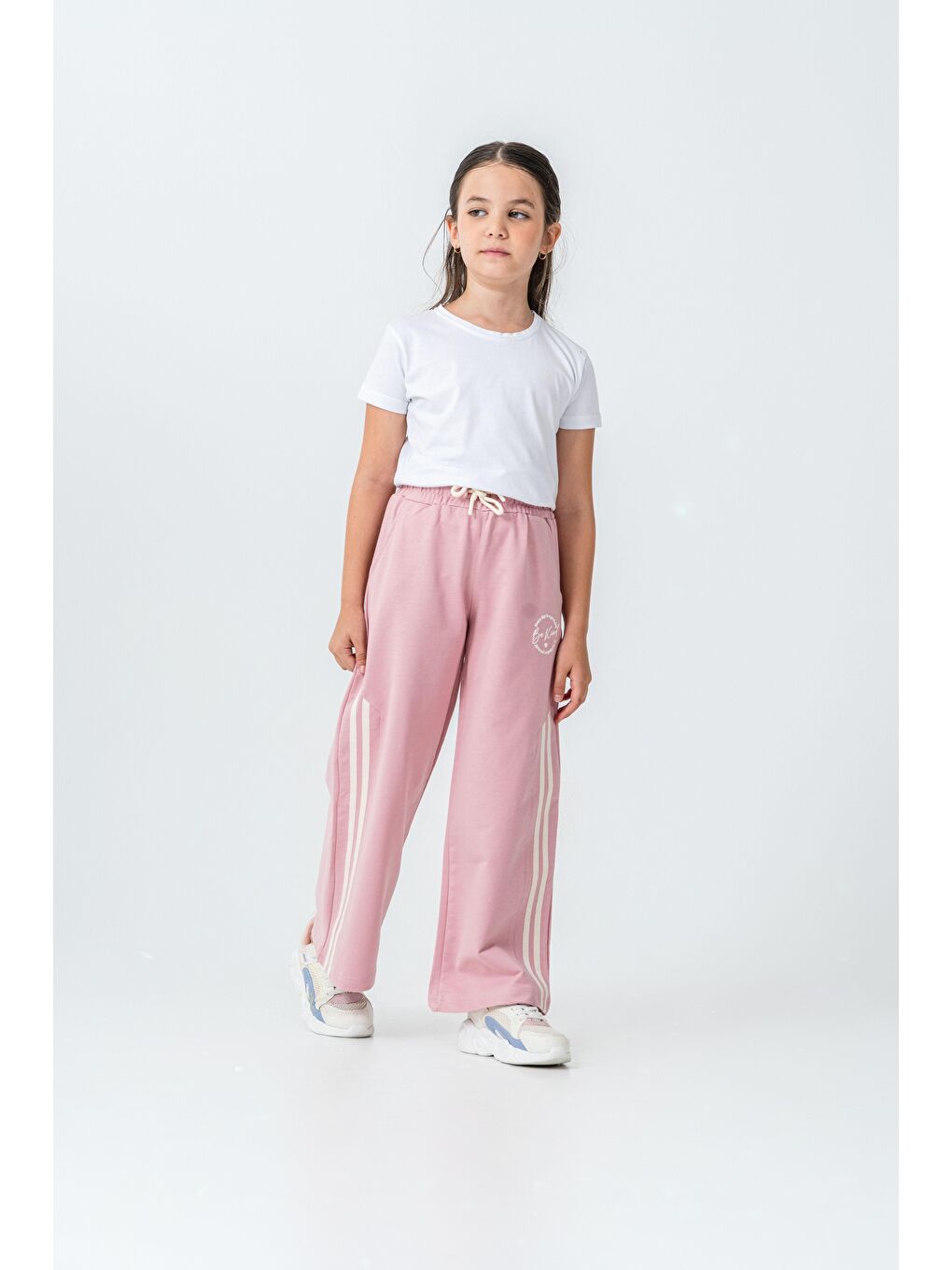 Pembe Yanlar Grogren Şeritli Bol Paça Önü Baskılı Kız Çocuk Eşofman Altı