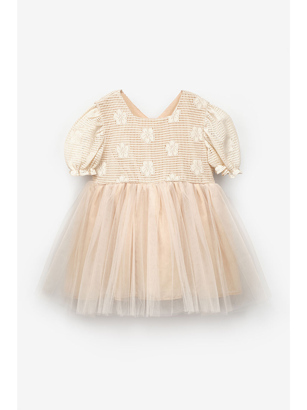 Ekru Krem Tül Etekli Dantel Detaylı Kız Çocuk Elbise - Nora