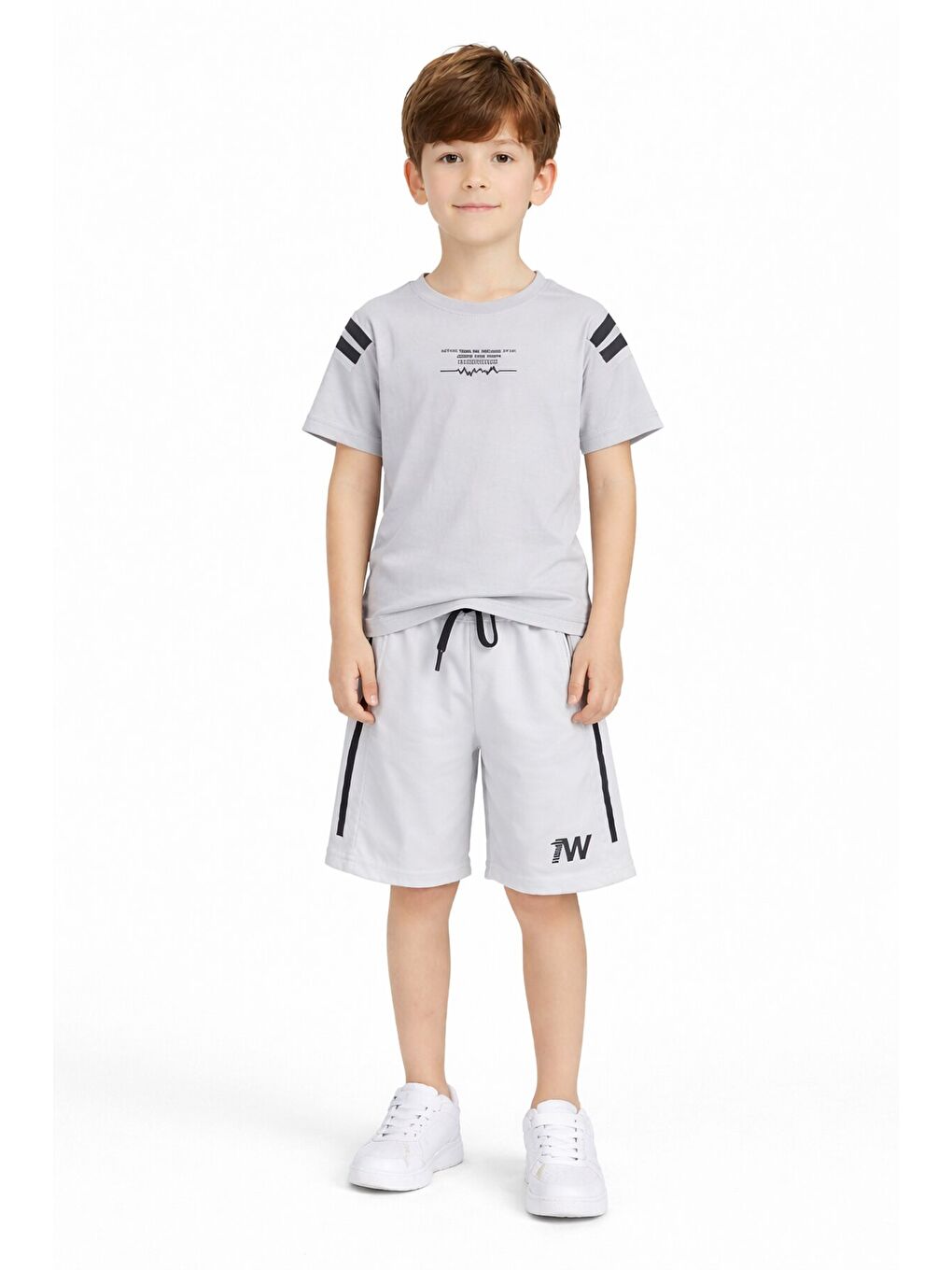 Gri Şerit Detaylı Yazılı Tişörtlü Erkek Çocuk Şortlu Takım 23769