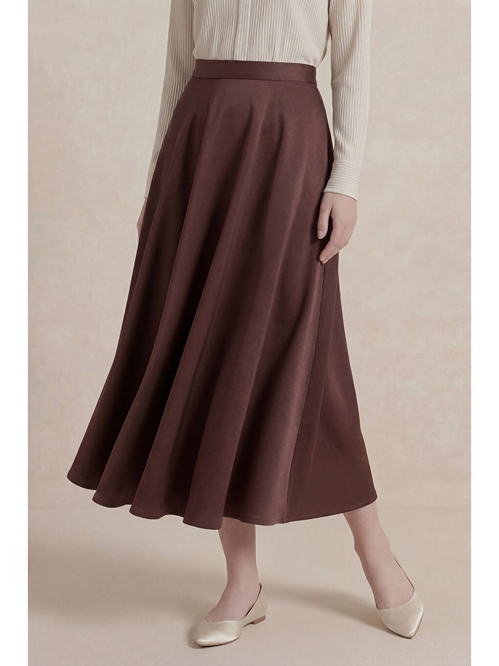 Kahverengi Kadın Saten Kloş Etek Yüksek Bel Midi Dökümlü Günlük Ofis Etek-3