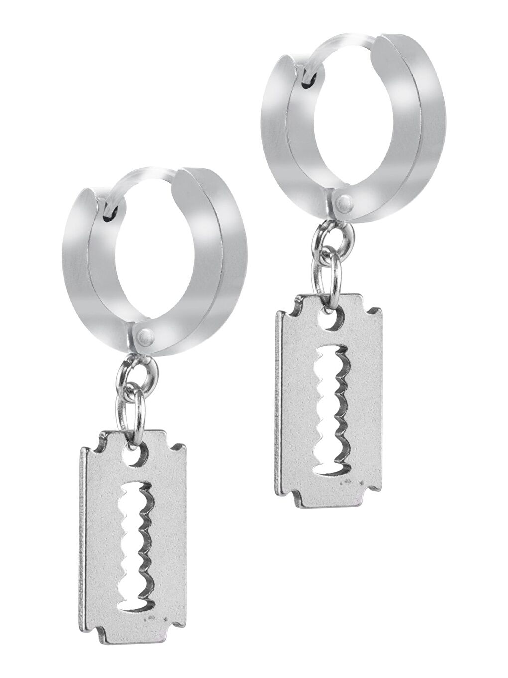 Gri Erkek Gümüş Renk Sallantılı Jilet Objeli Çelik Küpe