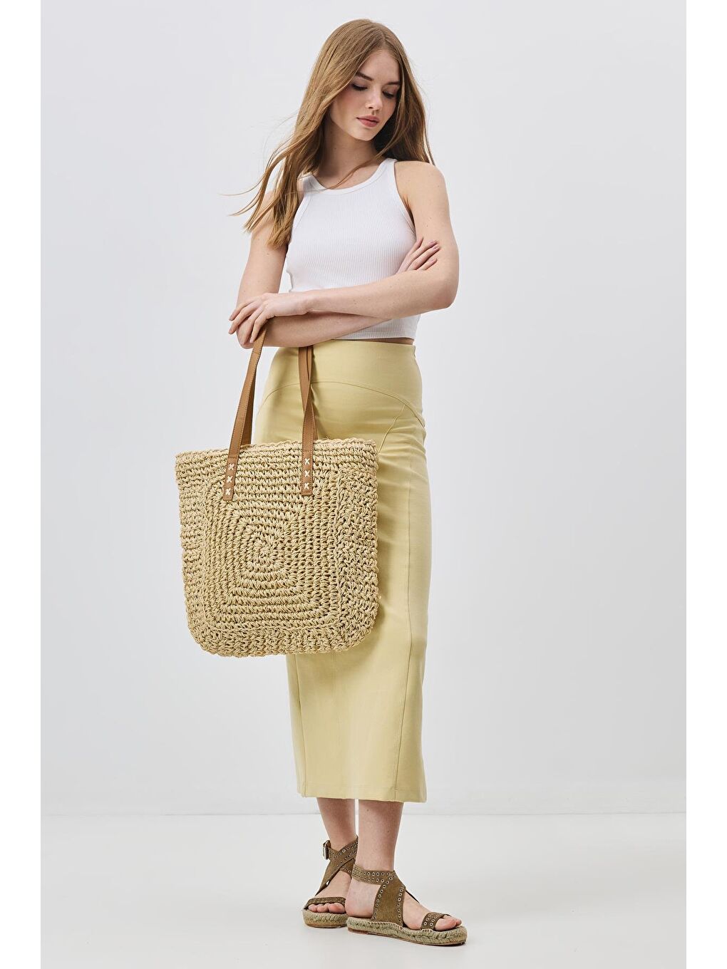 Hasır Omuz Çantası Y9205 Bej