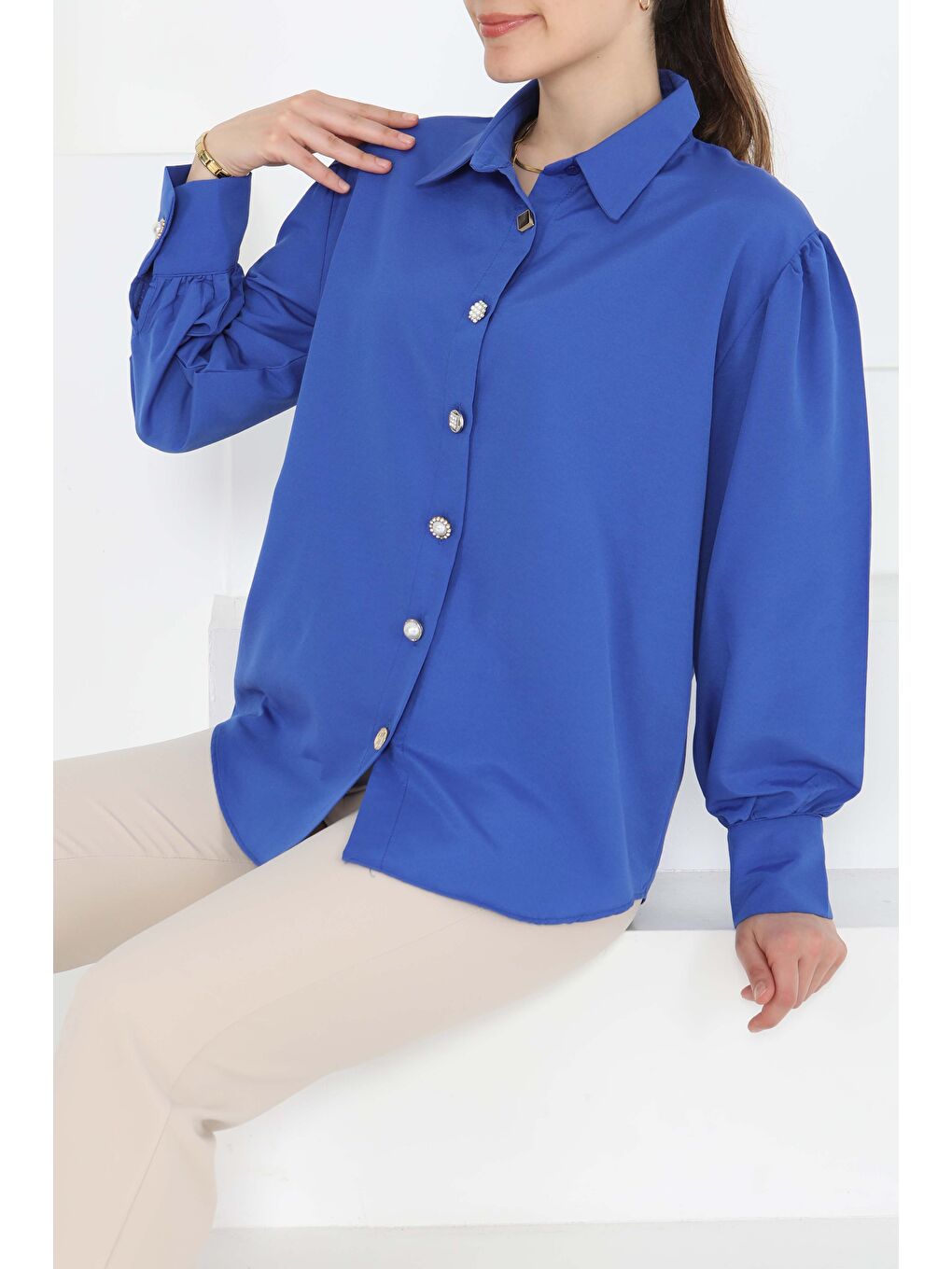 Mavi Taş Düğmeli Gömlek Saks - 27245-1