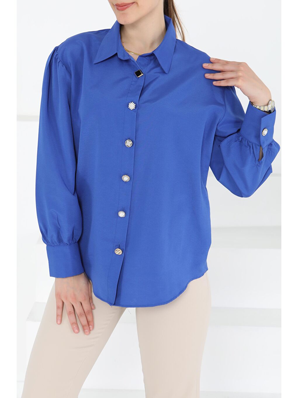 Mavi Taş Düğmeli Gömlek Saks - 27245-2