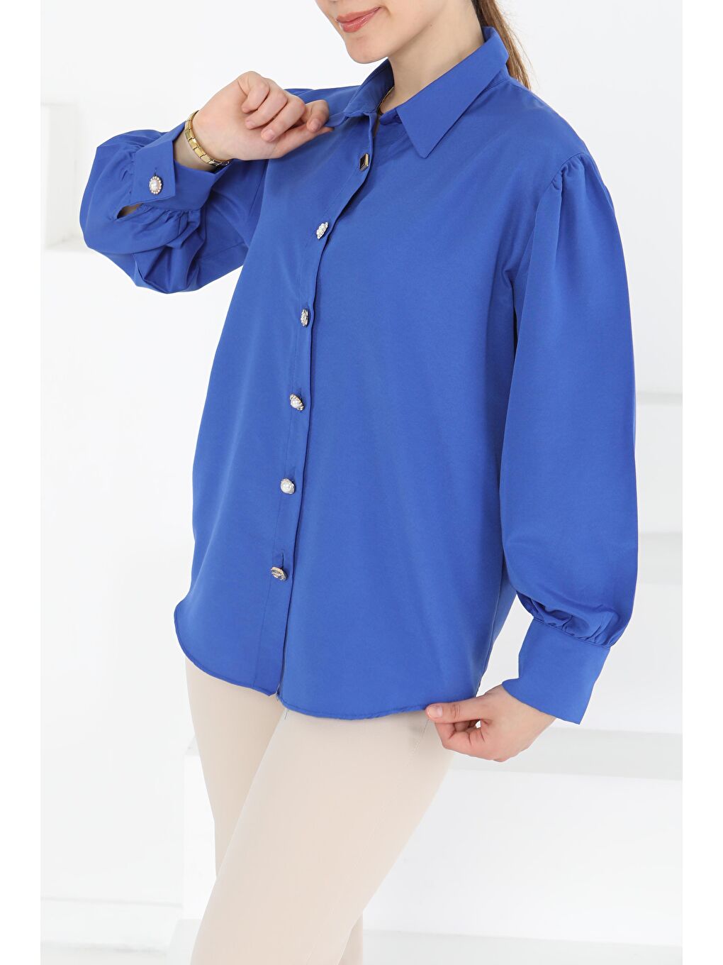 Mavi Taş Düğmeli Gömlek Saks - 27245-3