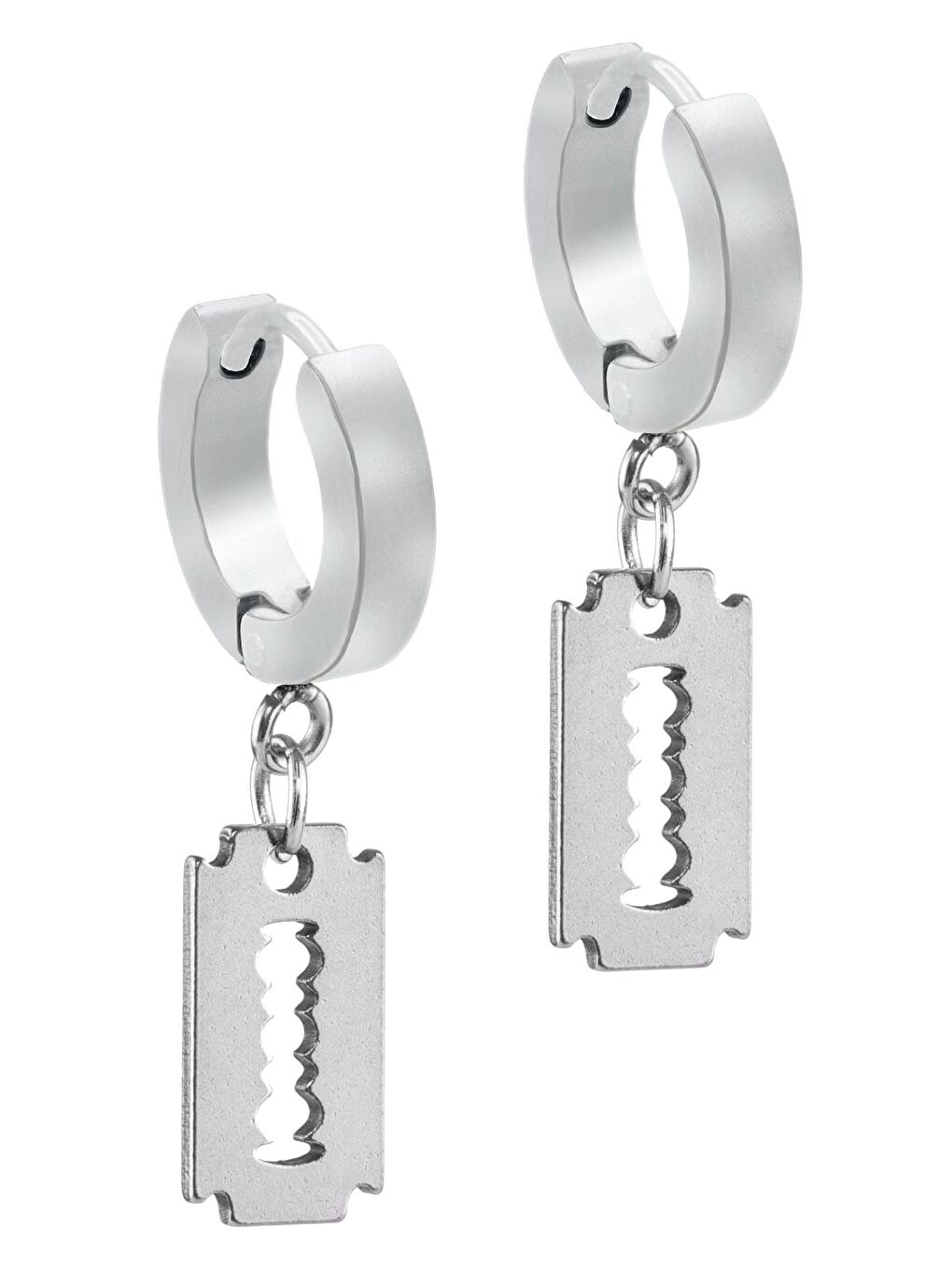 Gri Erkek Gümüş Renk Sallantılı Jilet Objeli Çelik Küpe-1