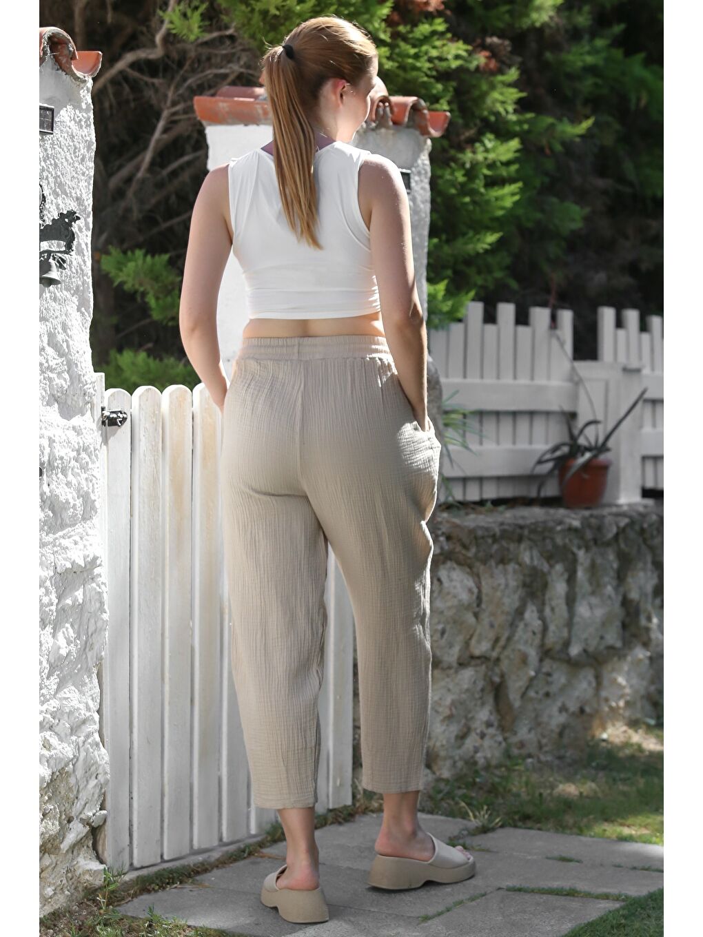 Organik Pamuk Bej Cepli Lastikli Ve Bağlamalı Bel Şalvar Casual Müslin Dokuma Pantolon 100 65-1