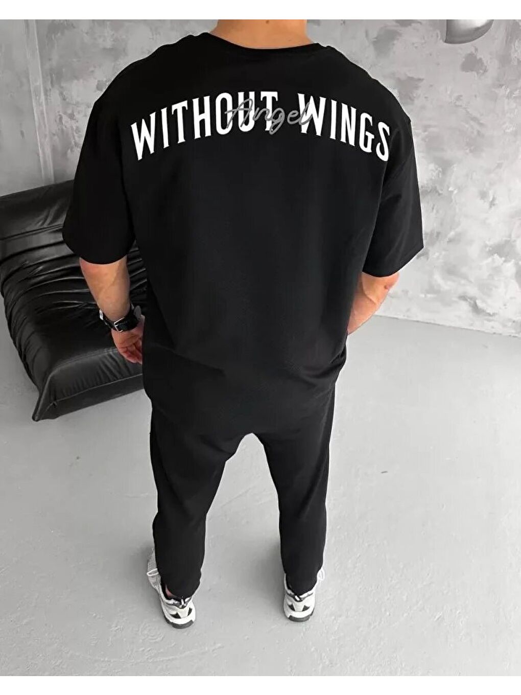 Unisex Bisiklet Yaka Baskılı Oversize T-Shirt - Siyah-2