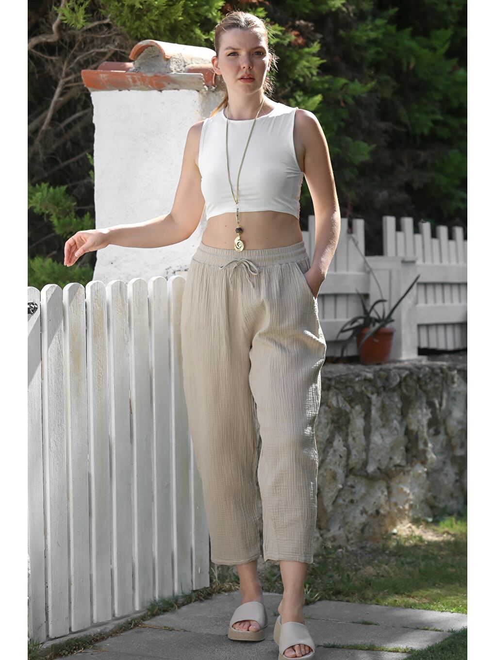 Organik Pamuk Bej Cepli Lastikli Ve Bağlamalı Bel Şalvar Casual Müslin Dokuma Pantolon 100 65-2