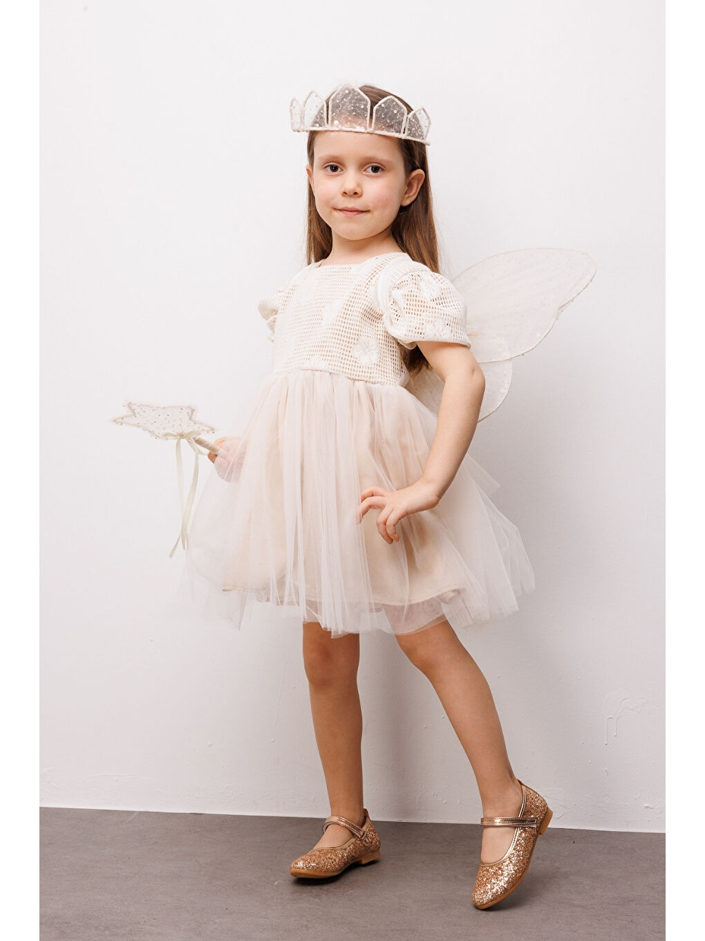 Ekru Krem Tül Etekli Dantel Detaylı Kız Çocuk Elbise - Nora-1