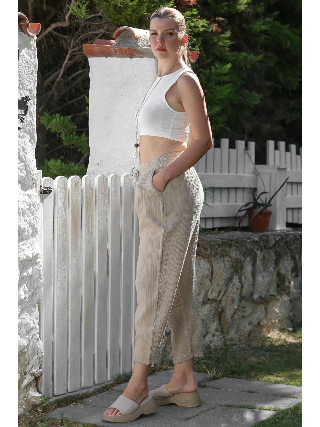 Organik Pamuk Bej Cepli Lastikli Ve Bağlamalı Bel Şalvar Casual Müslin Dokuma Pantolon 100 65-4