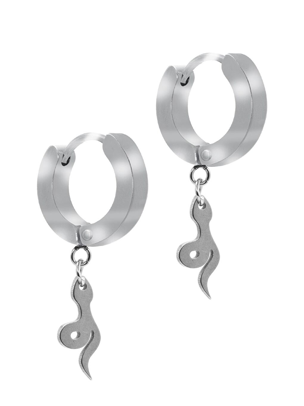 Gri Erkek Gümüş Renk Sallantılı Yılan Objeli Çelik Küpe