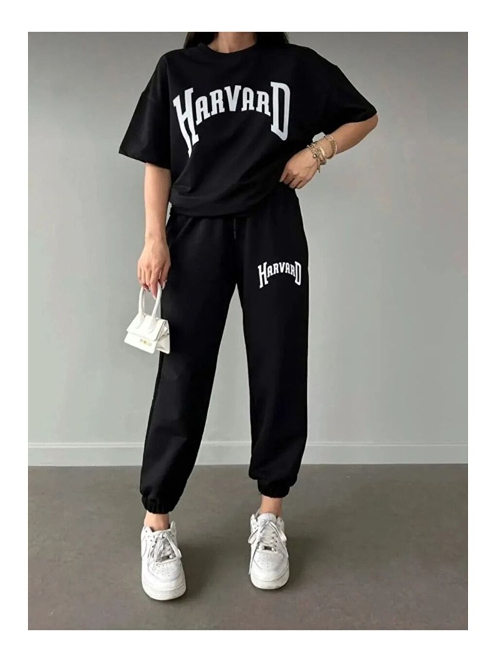 Kadın Siyah Harvard Baskılı Eşofman Tişört Takımı-1