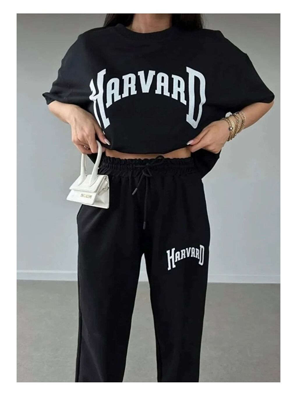 Kadın Siyah Harvard Baskılı Eşofman Tişört Takımı-2