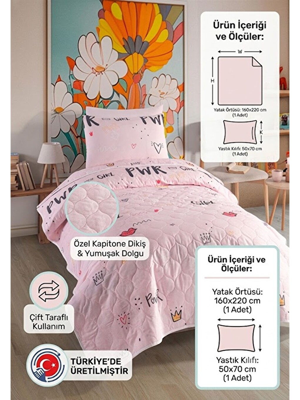 Tek Kişilik Pamuklu Yatak Örtüsü Seti 2 Parça Pembe Power Desen 160x220 Cm Yumuşak Dokulu-1