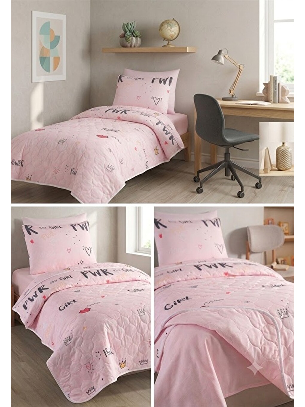 Tek Kişilik Pamuklu Yatak Örtüsü Seti 2 Parça Pembe Power Desen 160x220 Cm Yumuşak Dokulu-2