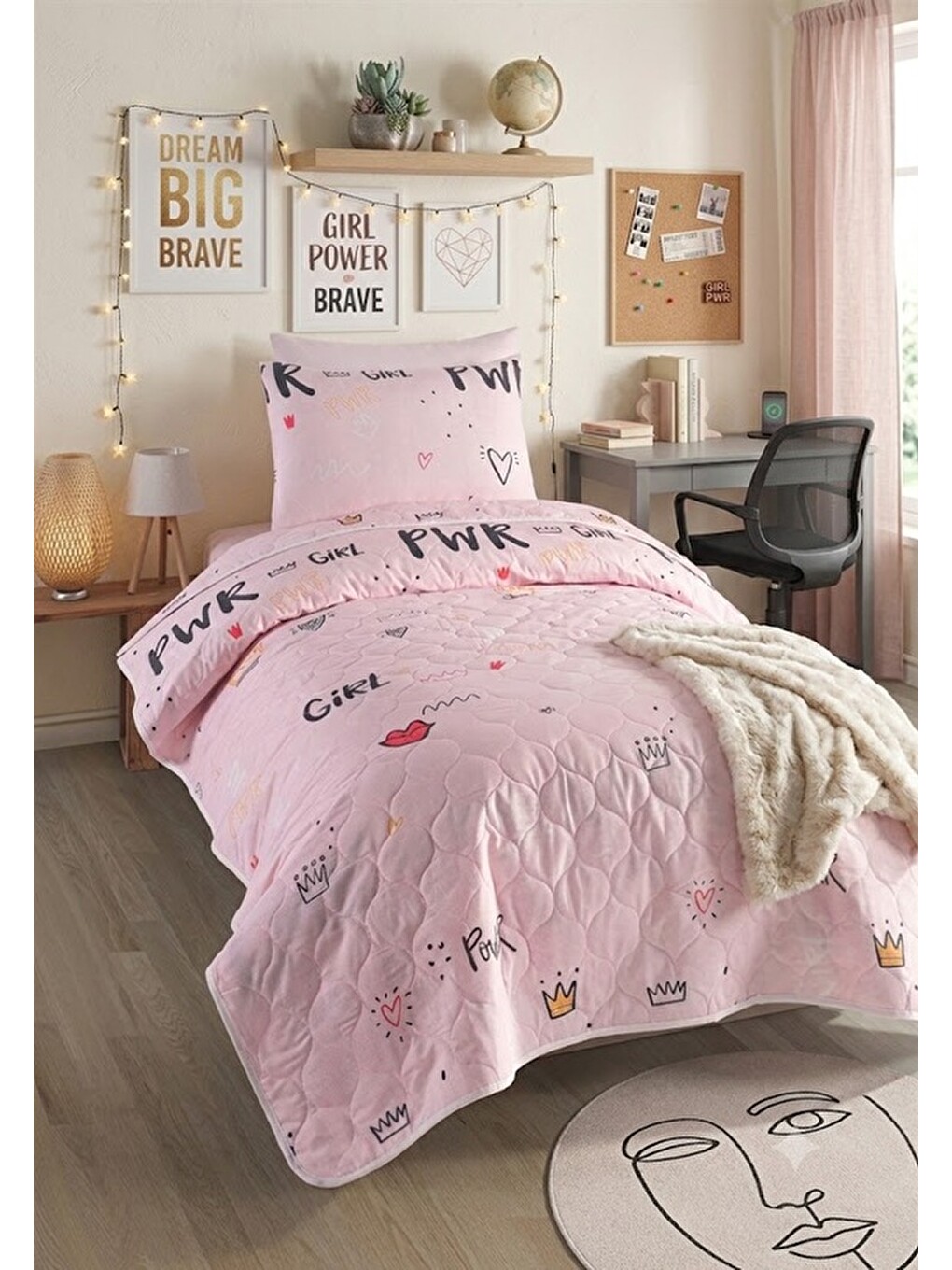 Tek Kişilik Pamuklu Yatak Örtüsü Seti 2 Parça Pembe Power Desen 160x220 Cm Yumuşak Dokulu-3