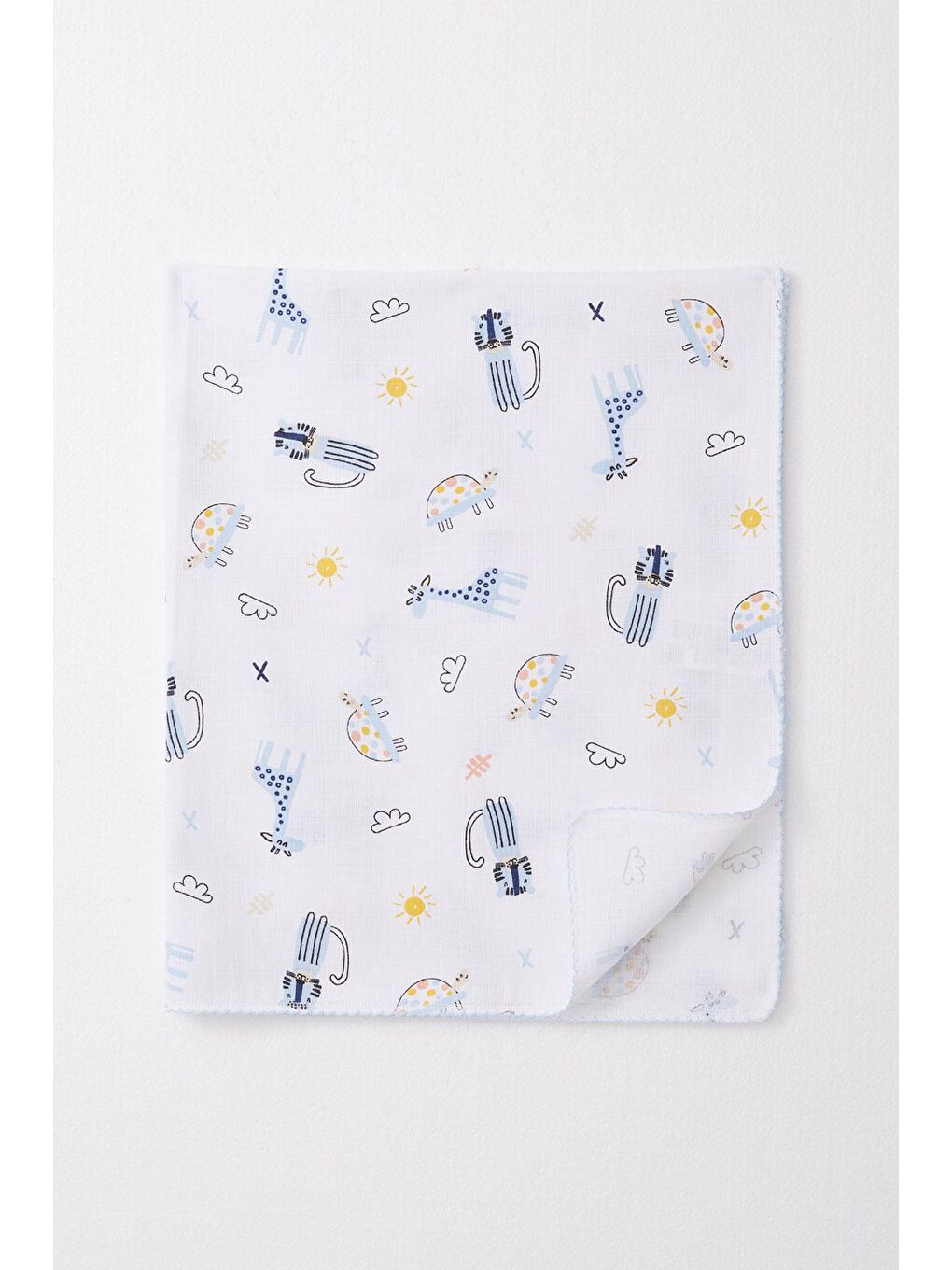 Yenidoğan Bebek Müslin Battaniye Sevimli Hayvancıklar Desenli Beyaz (75 X 90 Cm)