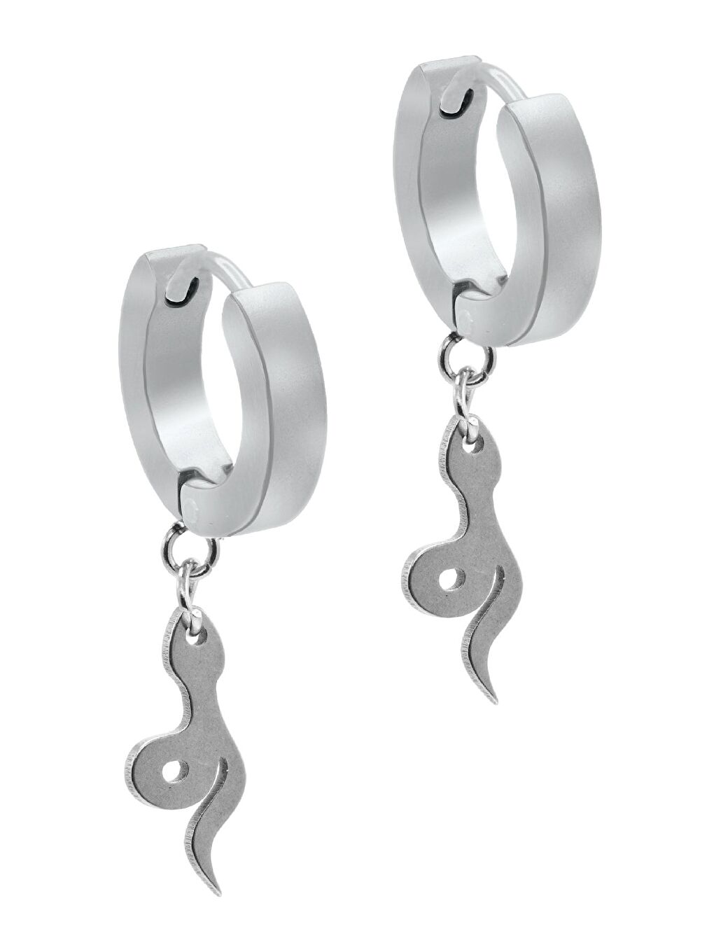 Gri Erkek Gümüş Renk Sallantılı Yılan Objeli Çelik Küpe-1