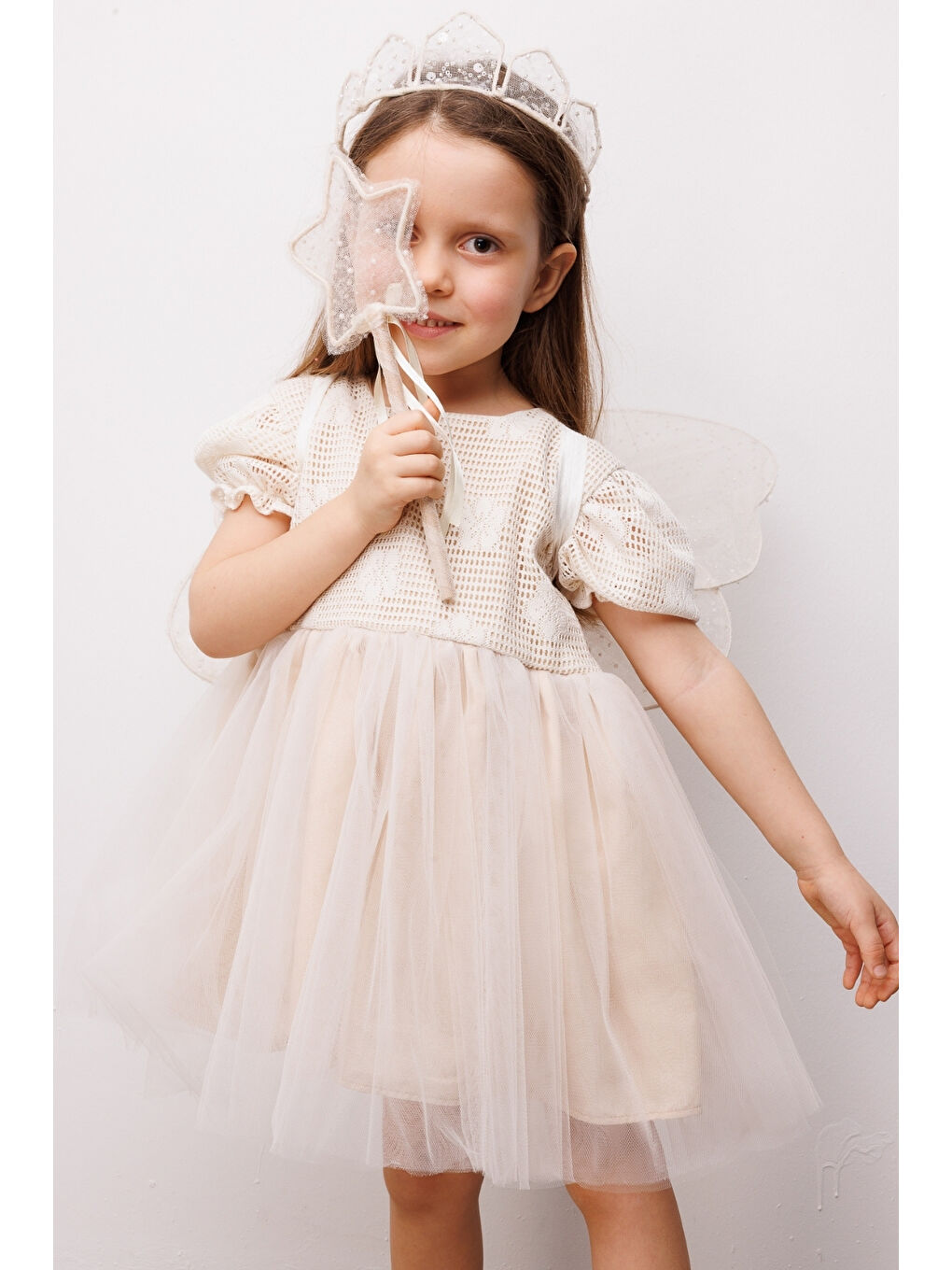 Ekru Krem Tül Etekli Dantel Detaylı Kız Çocuk Elbise - Nora-2