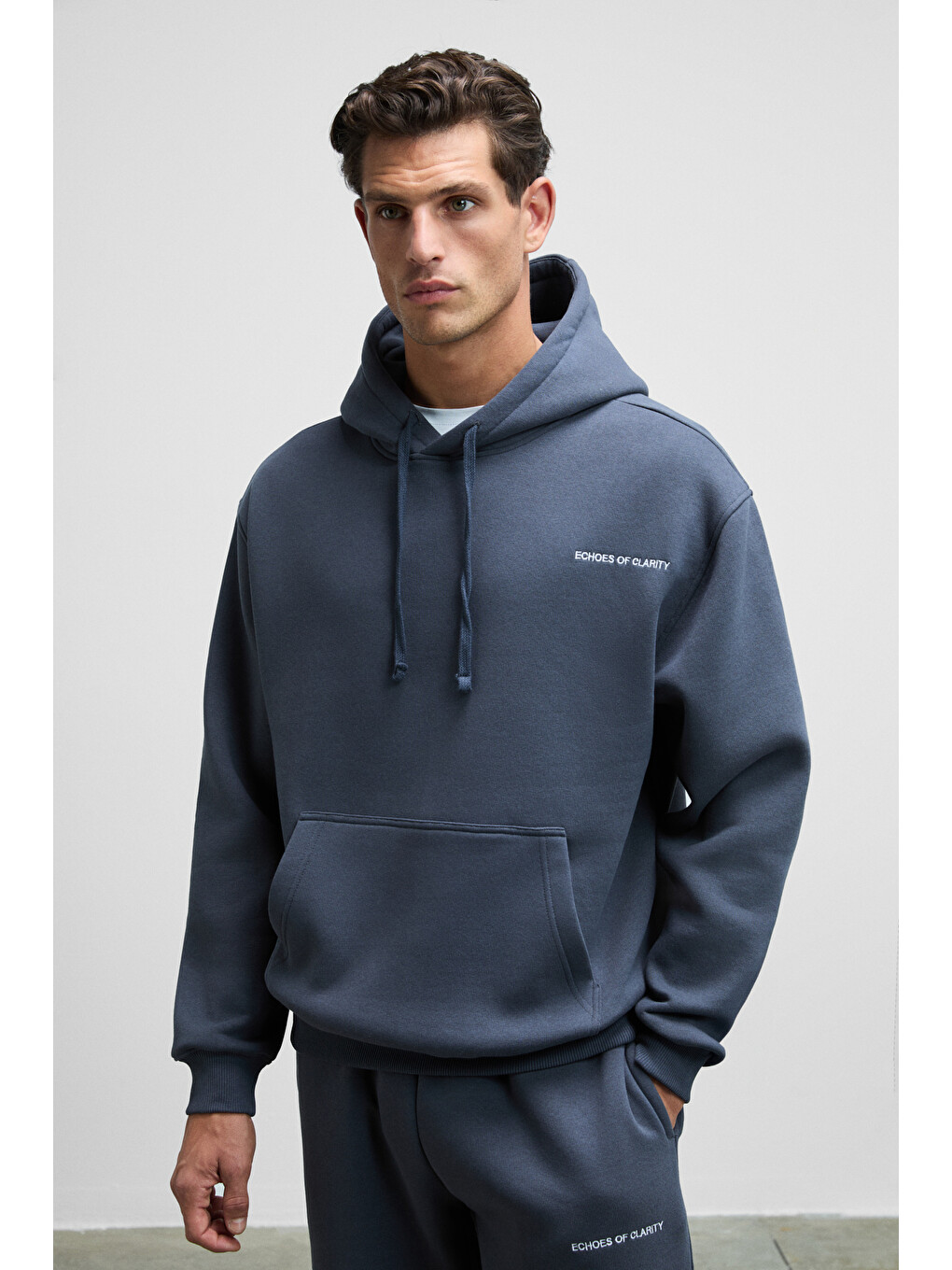 Scarn Erkek Pamuklu İçi Polarlı Nakışlı Kapüşonlu Relaxed Koyu Gri Sweatshirt-1