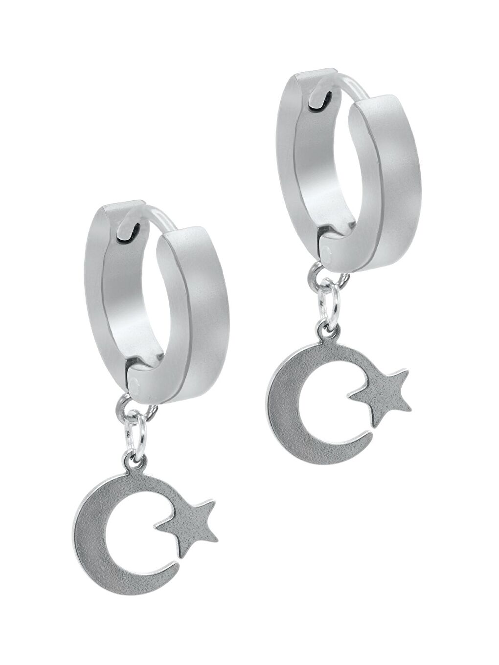 Gri Erkek Gümüş Renk Sallantılı Ay&yıldız Objeli Çelik Küpe-1