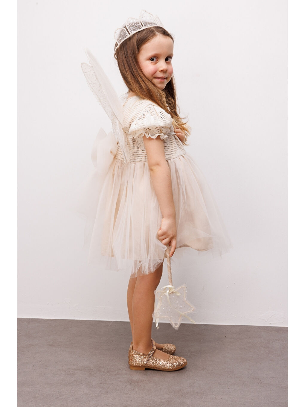 Ekru Krem Tül Etekli Dantel Detaylı Kız Çocuk Elbise - Nora-3