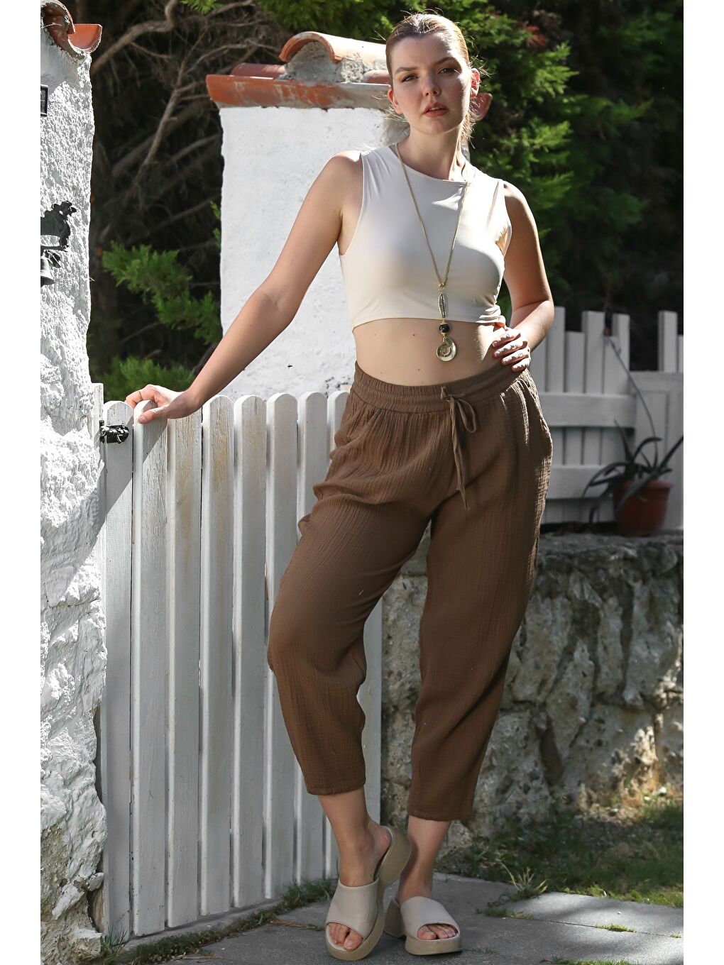 Organik Pamuk Kahverengi Cepli Lastikli Ve Bağlamalı Bel Şalvar Müslin Dokuma Pantolon 100 65-2