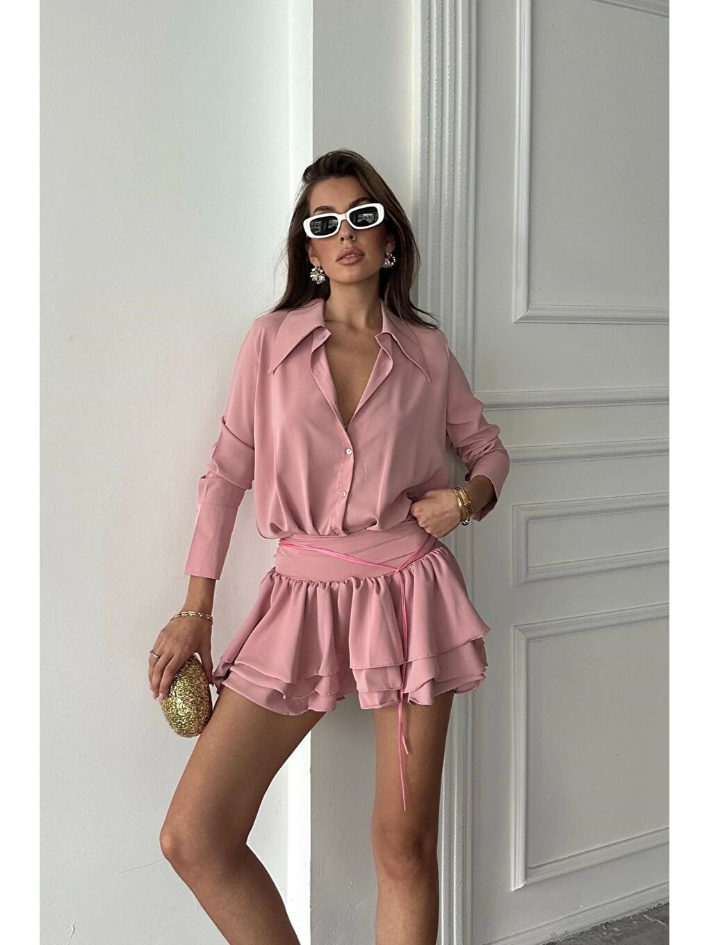 Pembe Kadın Pudra Gömlek Elbise 1026-221567