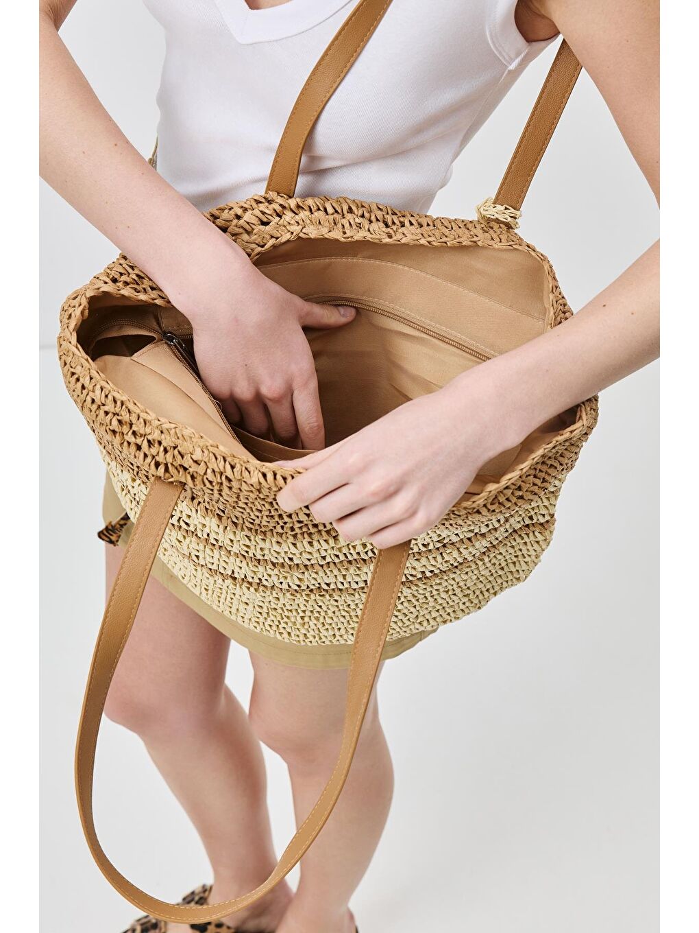 Bej Hasır Omuz Çantası Y9206 Vizon-2