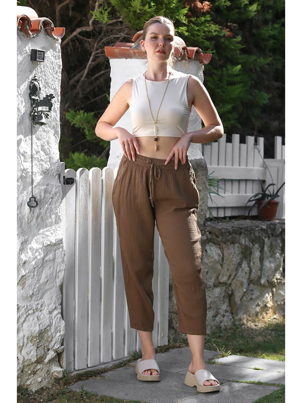 Organik Pamuk Kahverengi Cepli Lastikli Ve Bağlamalı Bel Şalvar Müslin Dokuma Pantolon 100 65-6