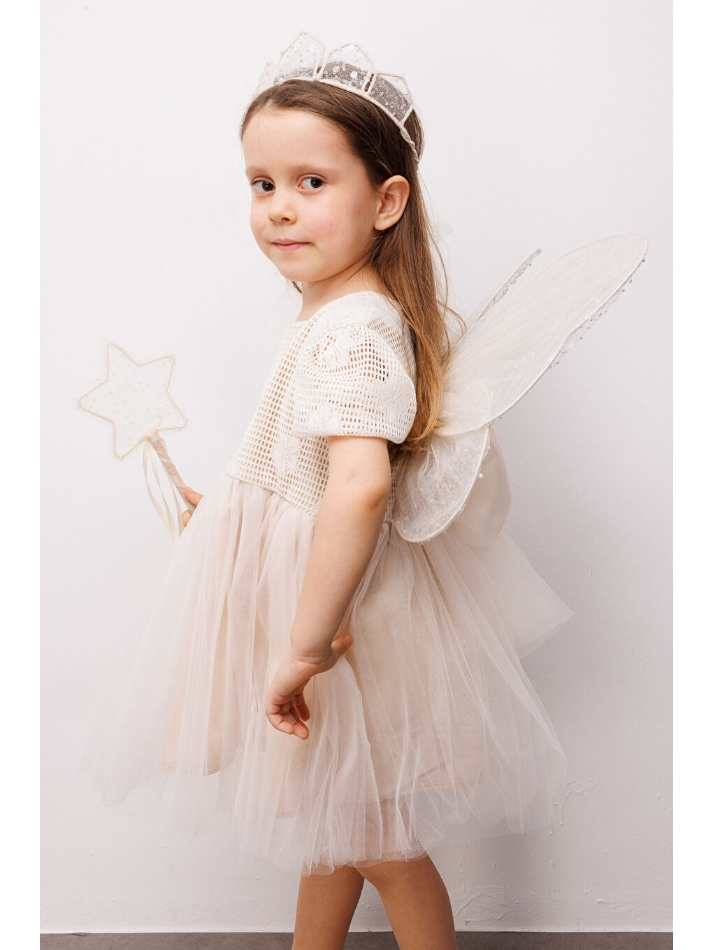 Ekru Krem Tül Etekli Dantel Detaylı Kız Çocuk Elbise - Nora-4