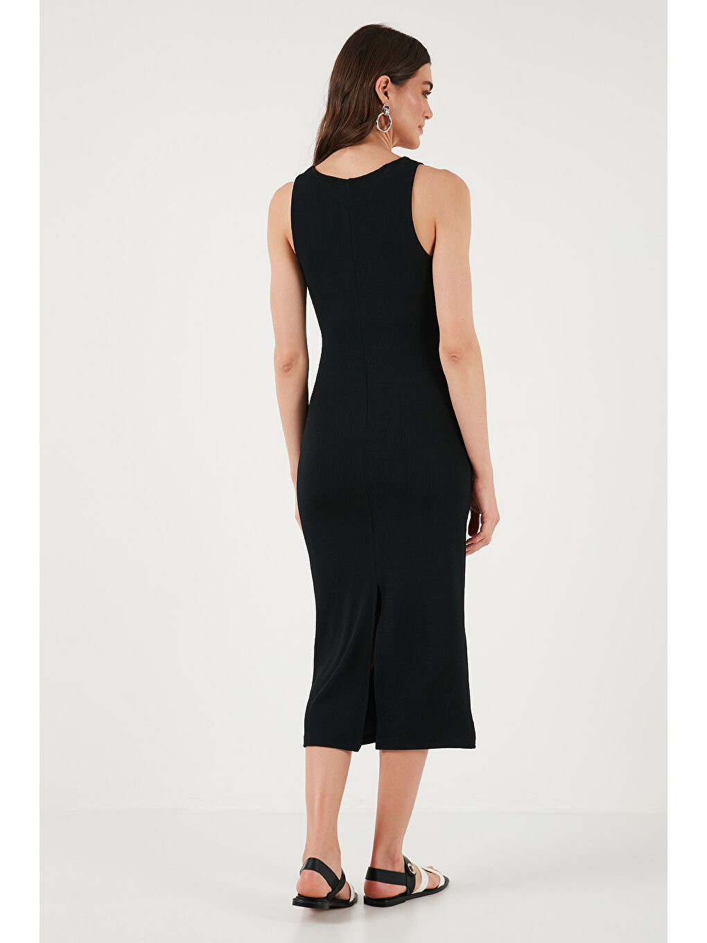 Siyah Fitilli Slim Fit Bisiklet Yaka Yırtmaçlı Midi Boy Kadın Elbise 5866101-6