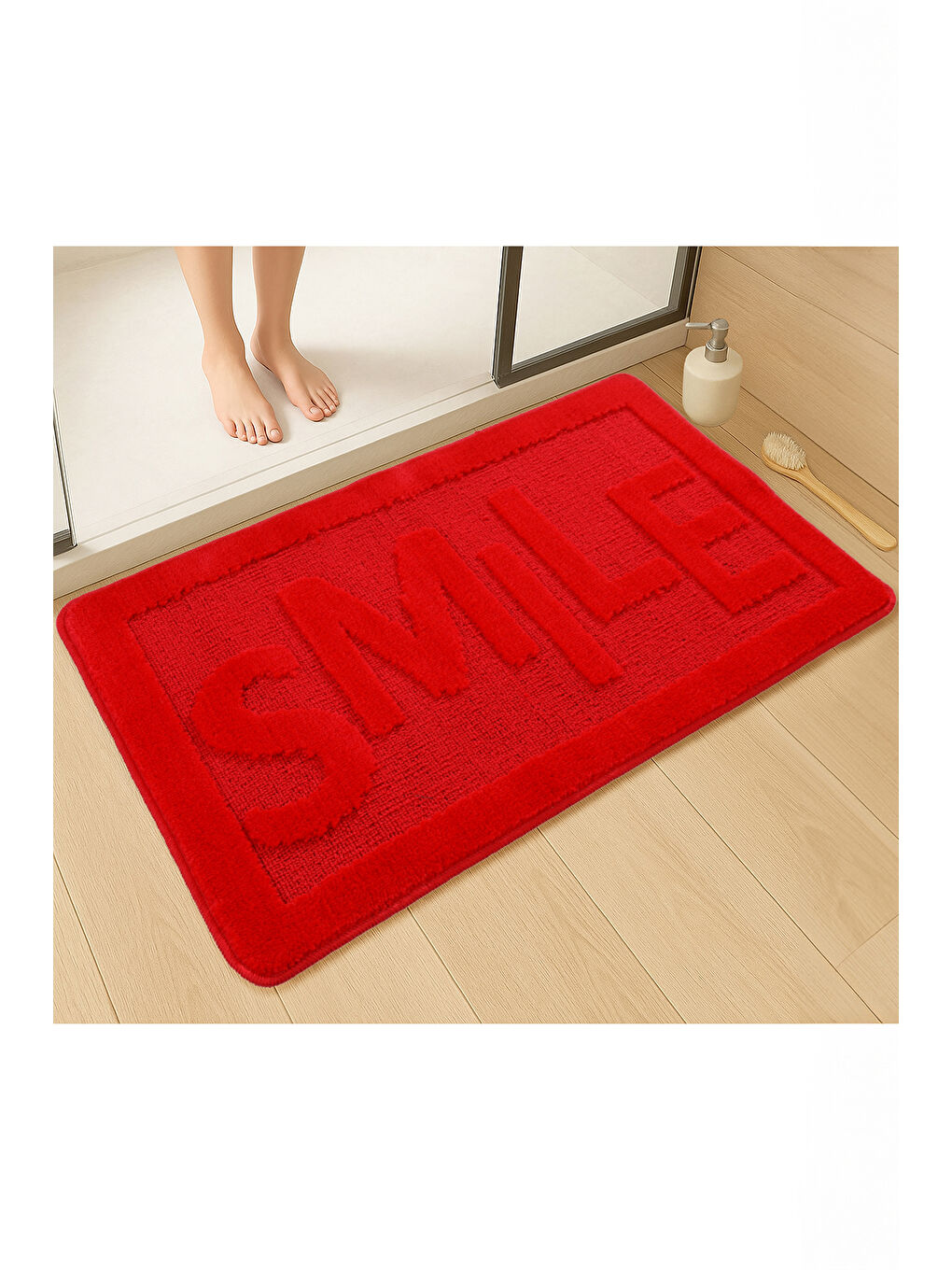 Doğal Kaymaz Taban Banyo Paspas Uzun Ömürlü Yumuşak Su Emici Yazılı Smile-Kırmızı-1