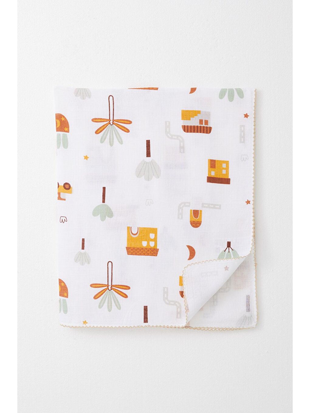 Yenidoğan Bebek Müslin Battaniye Sokak Temalı Ağaç Desenli Ekru (75 X 90 Cm)