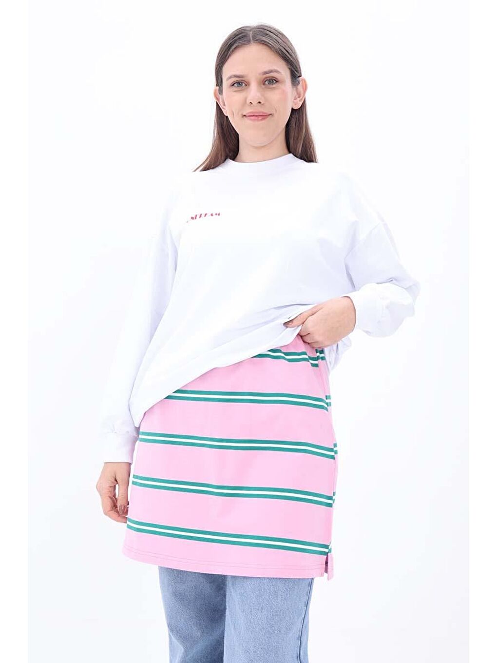 Pembe-Yeşil-Pamuklu Çizgili İçlik Gömlek Etek