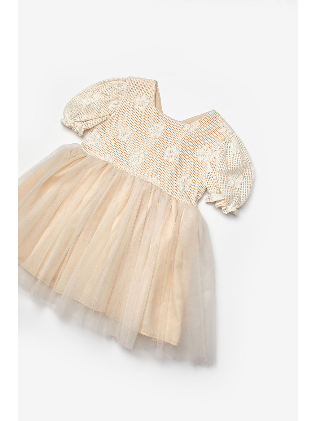 Ekru Krem Tül Etekli Dantel Detaylı Kız Çocuk Elbise - Nora-6