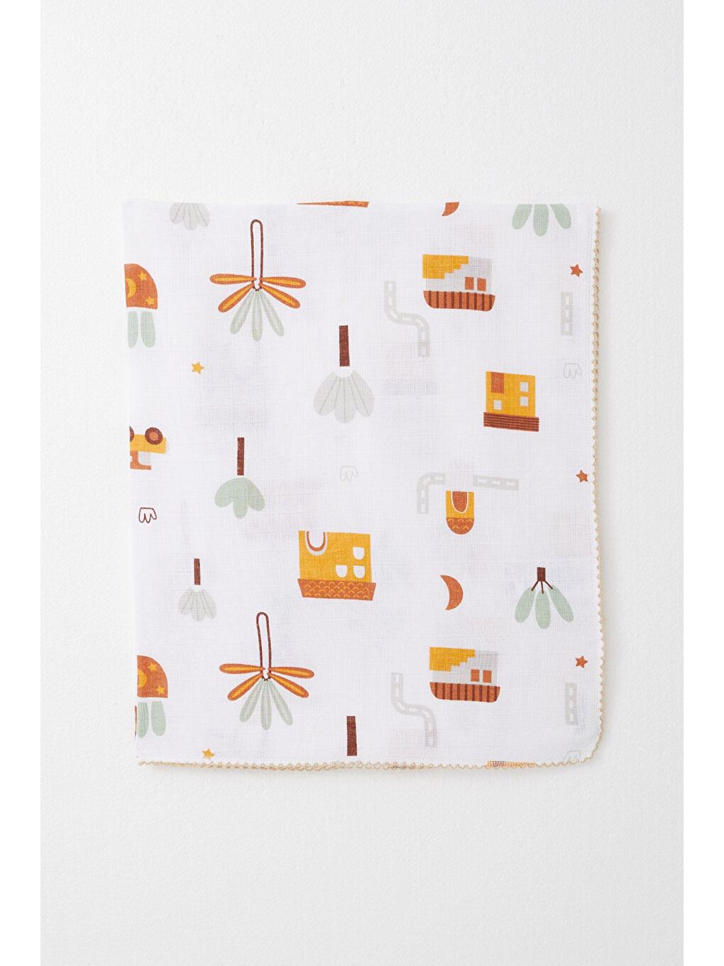 Yenidoğan Bebek Müslin Battaniye Sokak Temalı Ağaç Desenli Ekru (75 X 90 Cm)-1