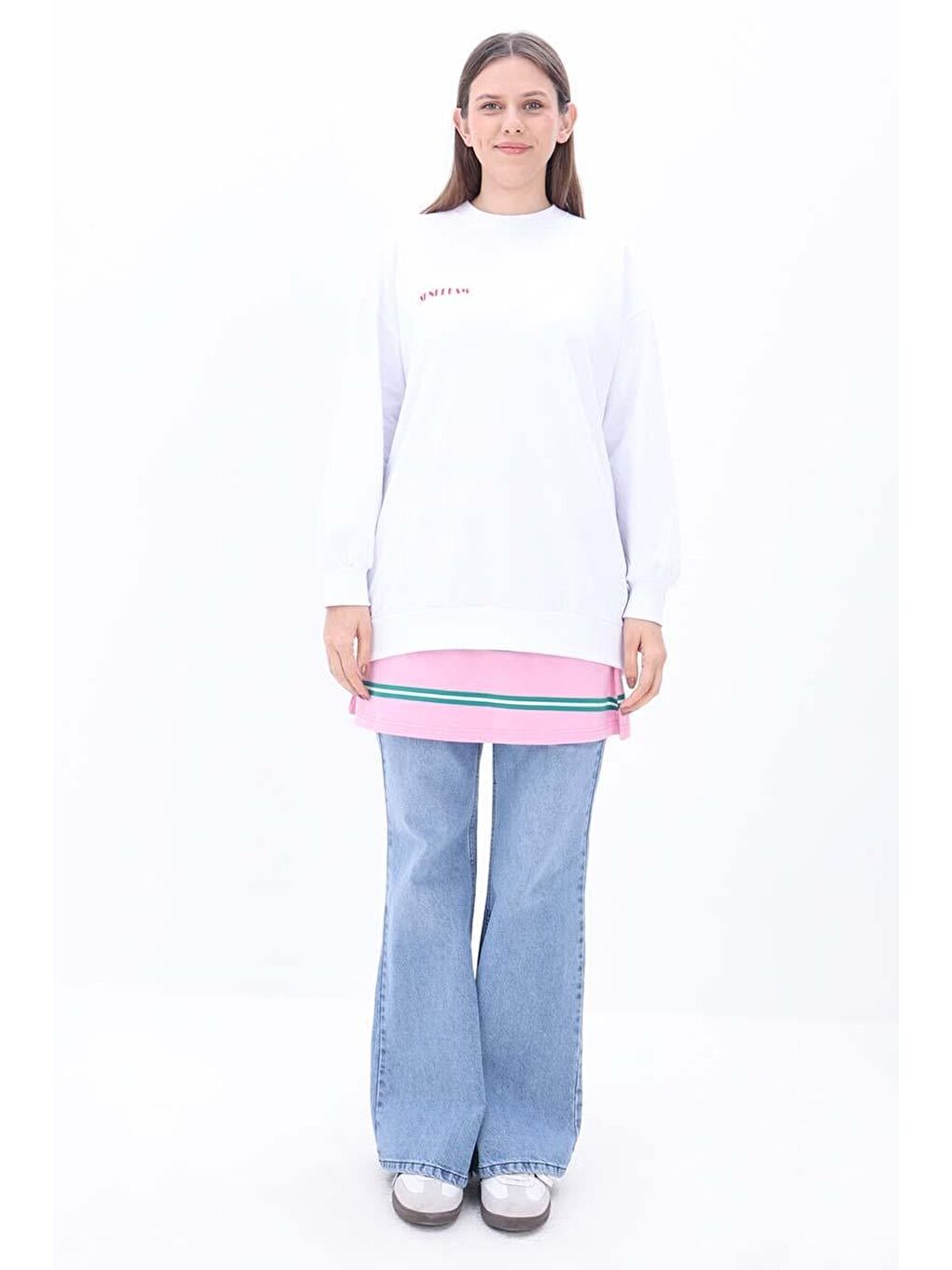 Pembe-Yeşil-Pamuklu Çizgili İçlik Gömlek Etek-1