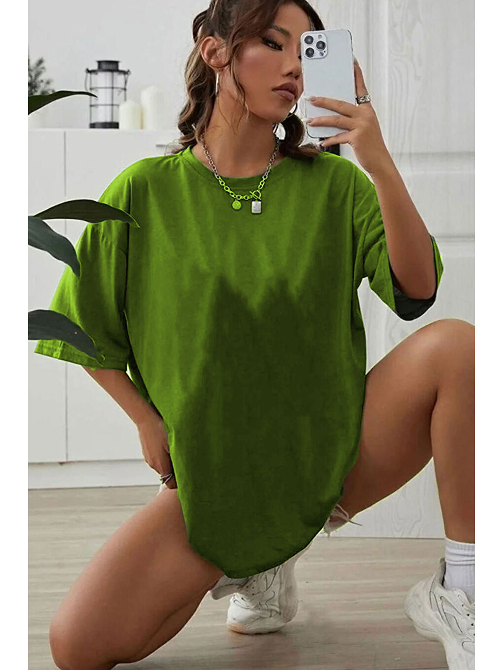 Trendseninle Limon Yeşili Kadın Lime Dikey Kelebekler Baskılı Oversize Tişört - 1