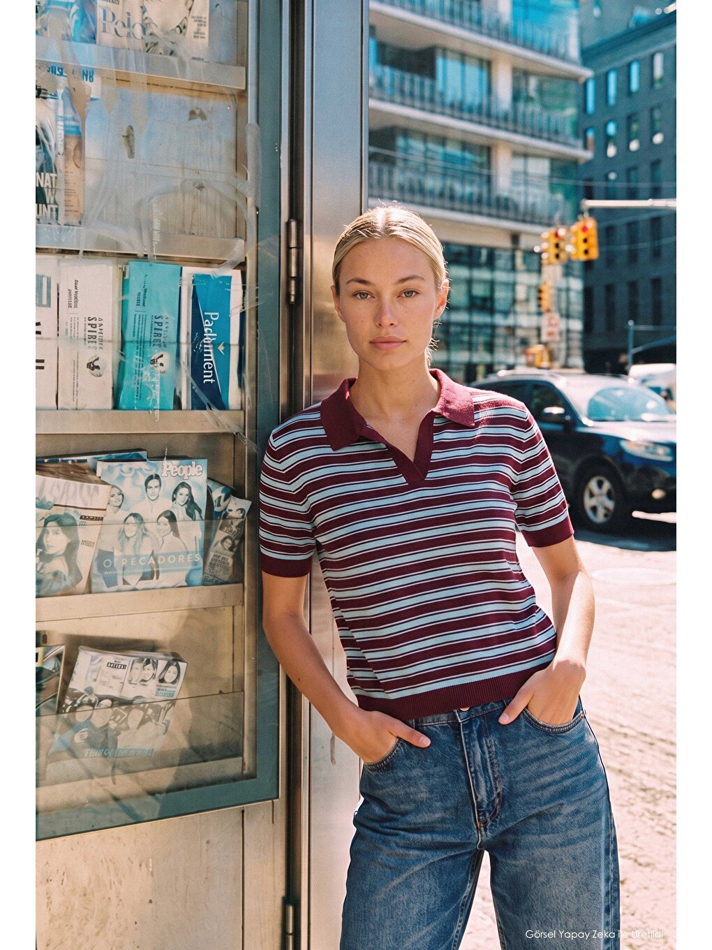Kadın Bordo Çizgili W6-35 Oversize Polo Yaka Triko-1
