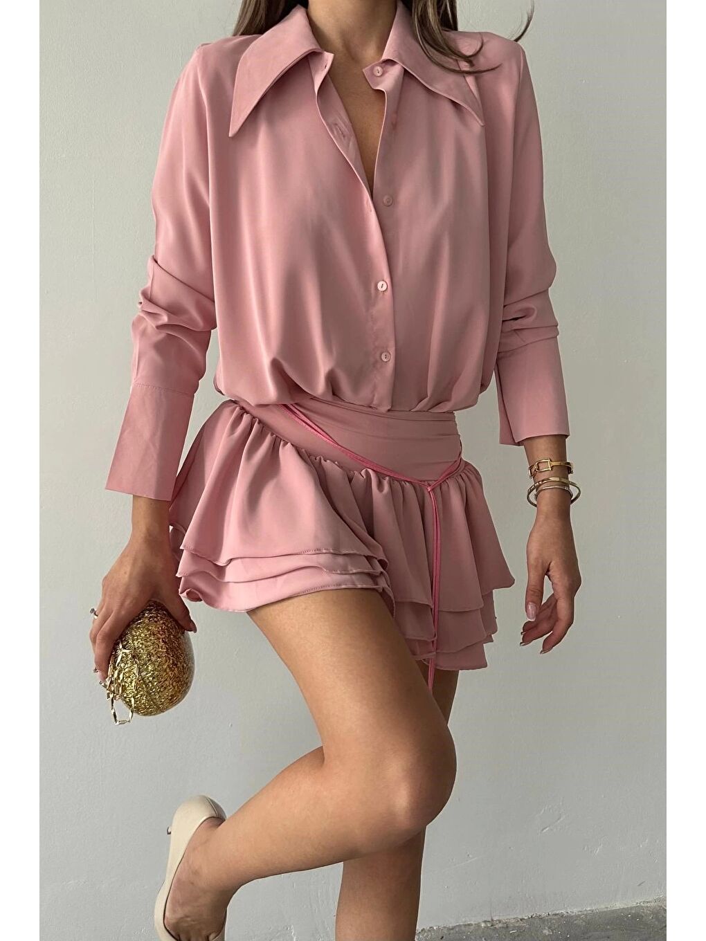 Pembe Kadın Pudra Gömlek Elbise 1026-221567-1