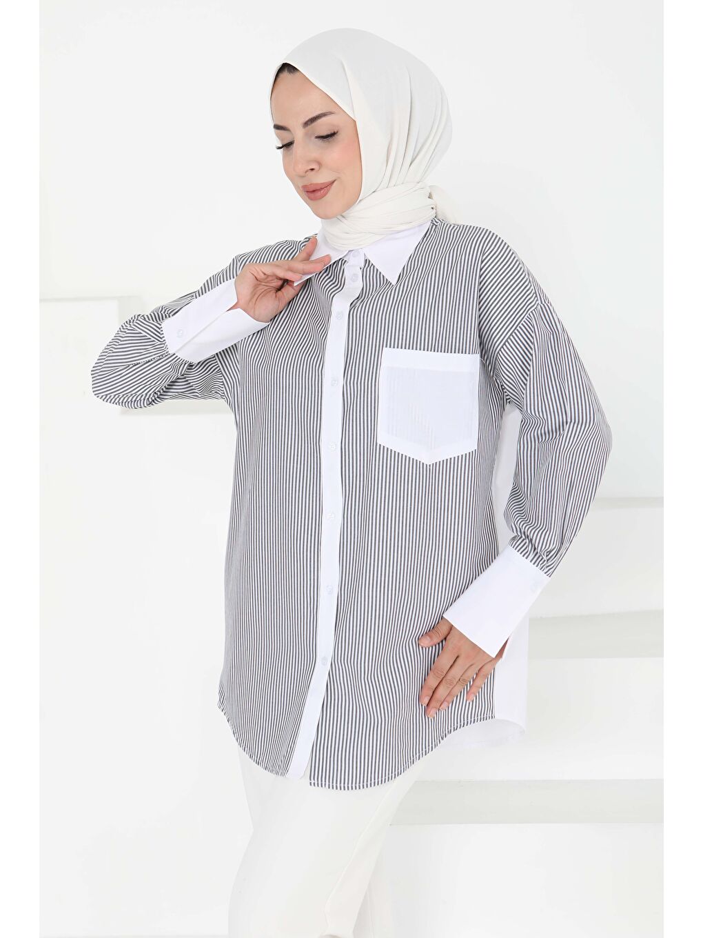Çizgili Cep Detay Gömlek Beyaz - 27243-2