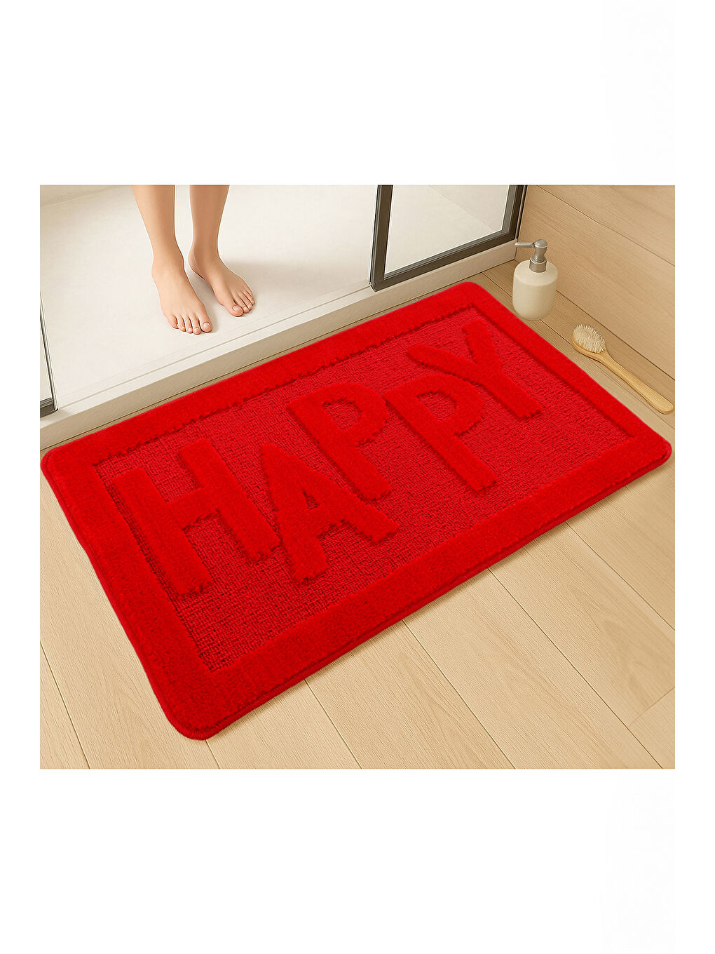 Doğal Kaymaz Taban Banyo Paspas Uzun Ömürlü Yumuşak Su Emici Yazılı Paspas Happy-Kırmızı-1