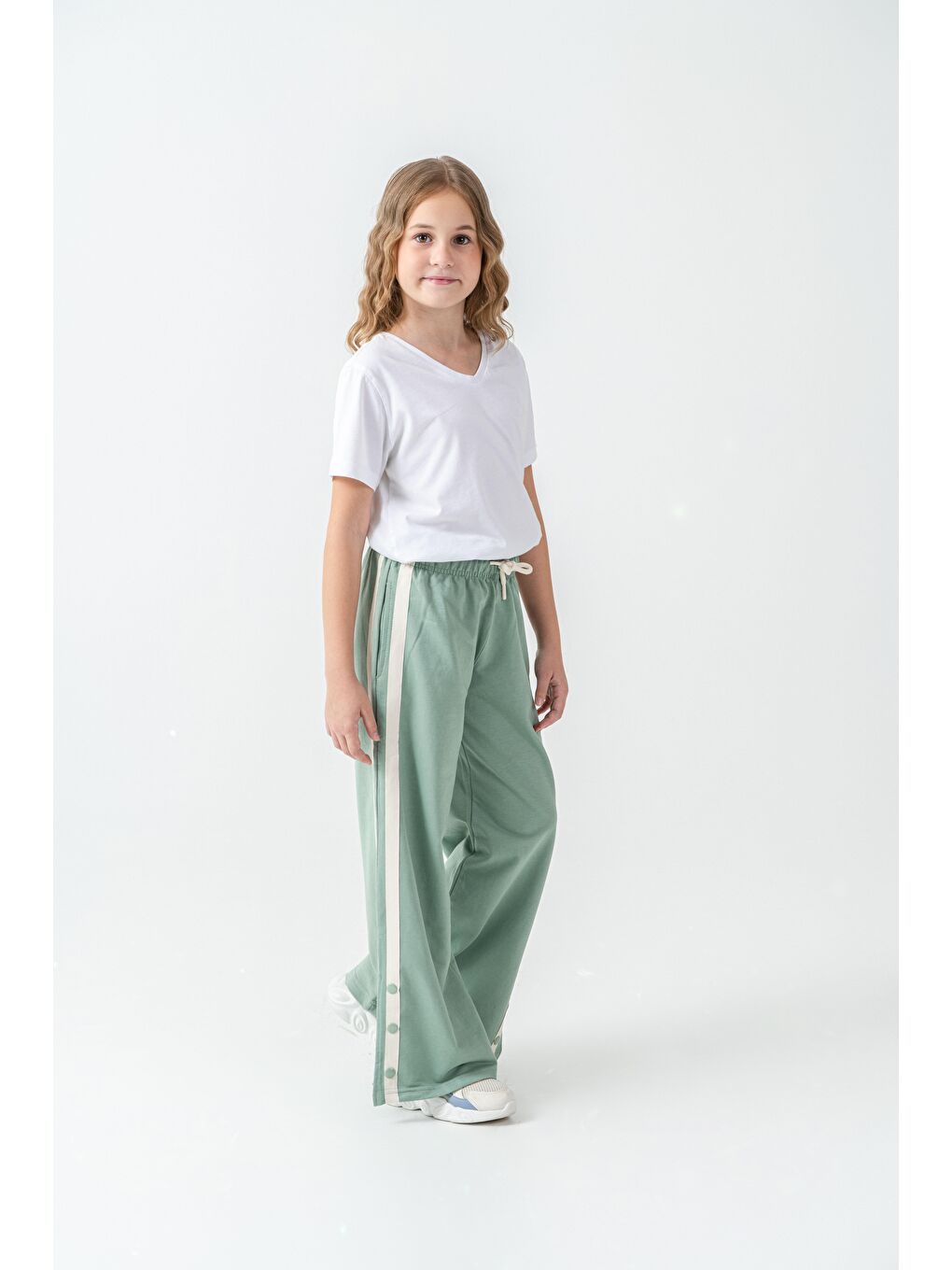 Yeşil Yanlar Grogren Şeritli Paçalar Çıtçıtlı Kız Çocuk Eşofman Alt-1