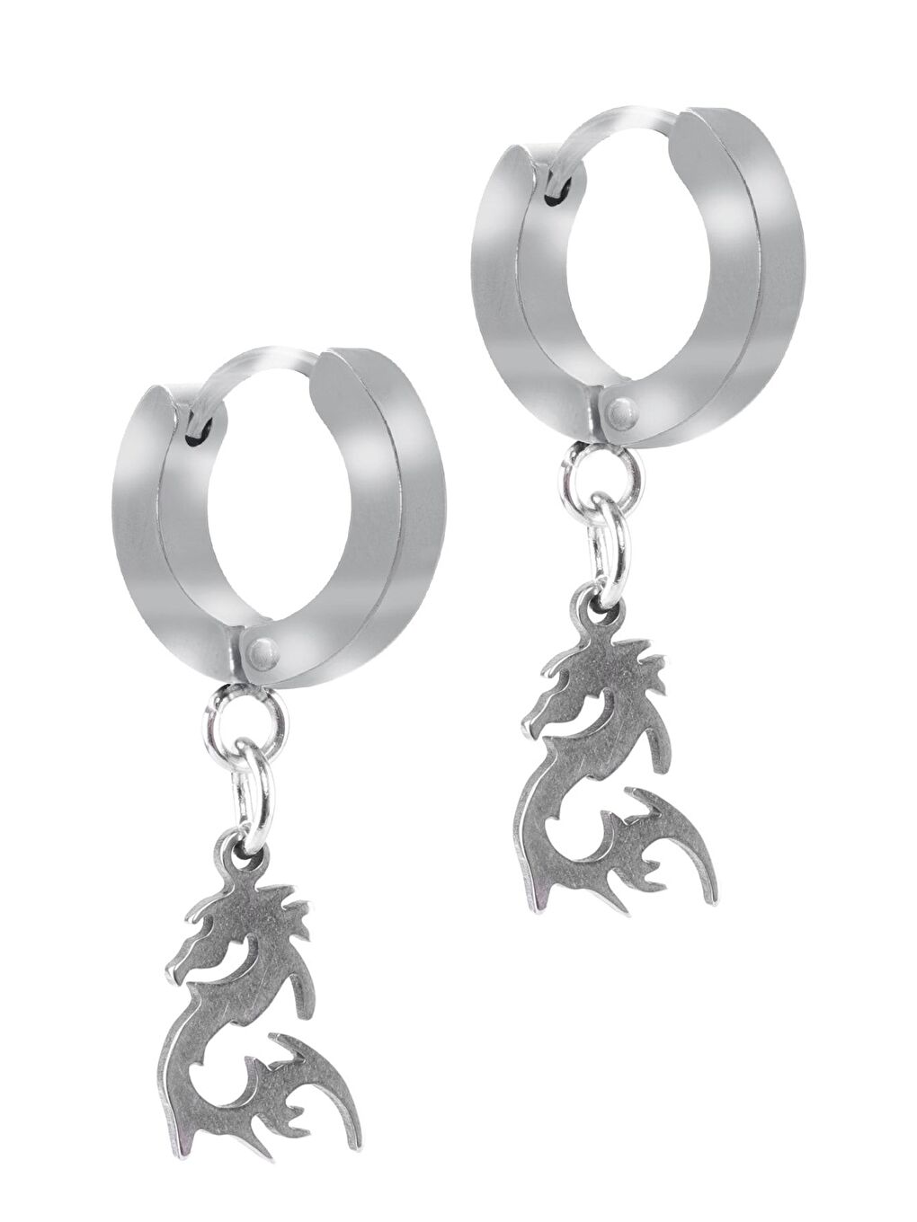 Gri Erkek Gümüş Renk Sallantılı Ejderha Objeli Çelik Küpe