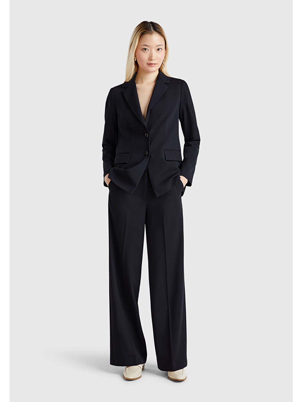 Kadın Lacivert Streç Kumaşlı Yüksek Bel Wide Leg Pantolon-4