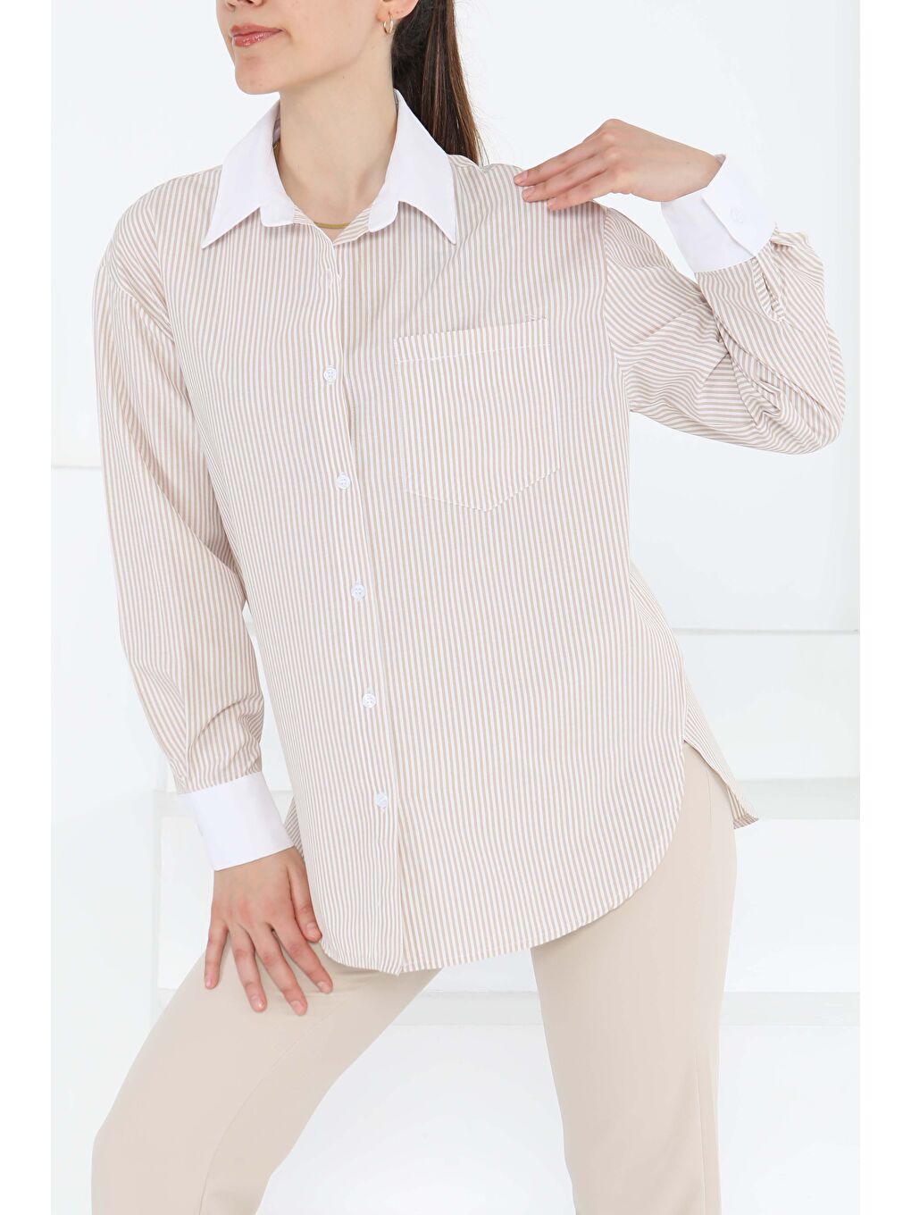 Çizgili Cep Detay Gömlek Bej - 27243