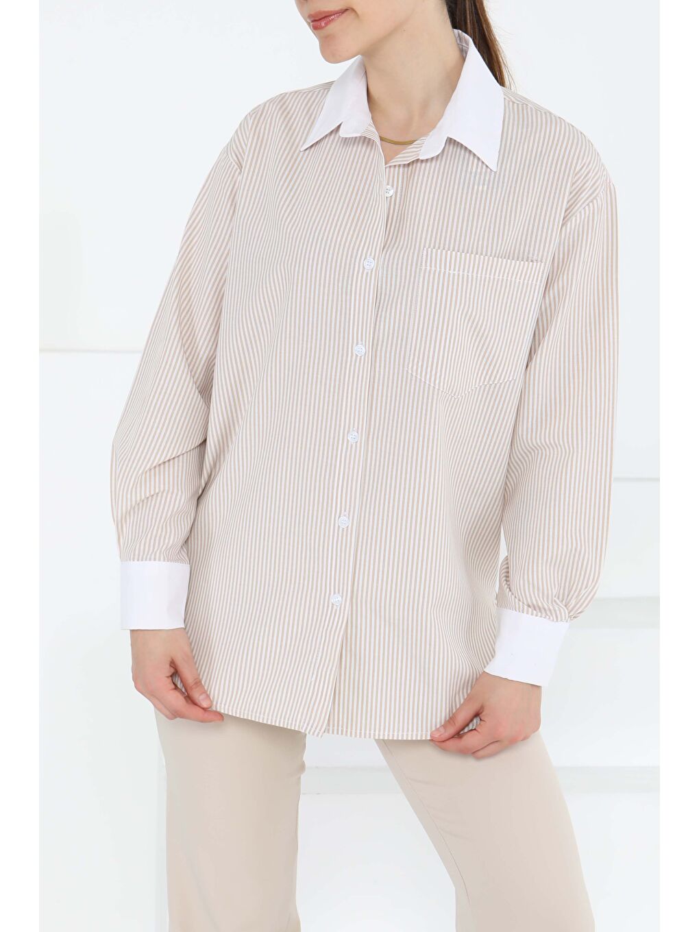 Çizgili Cep Detay Gömlek Bej - 27243-1