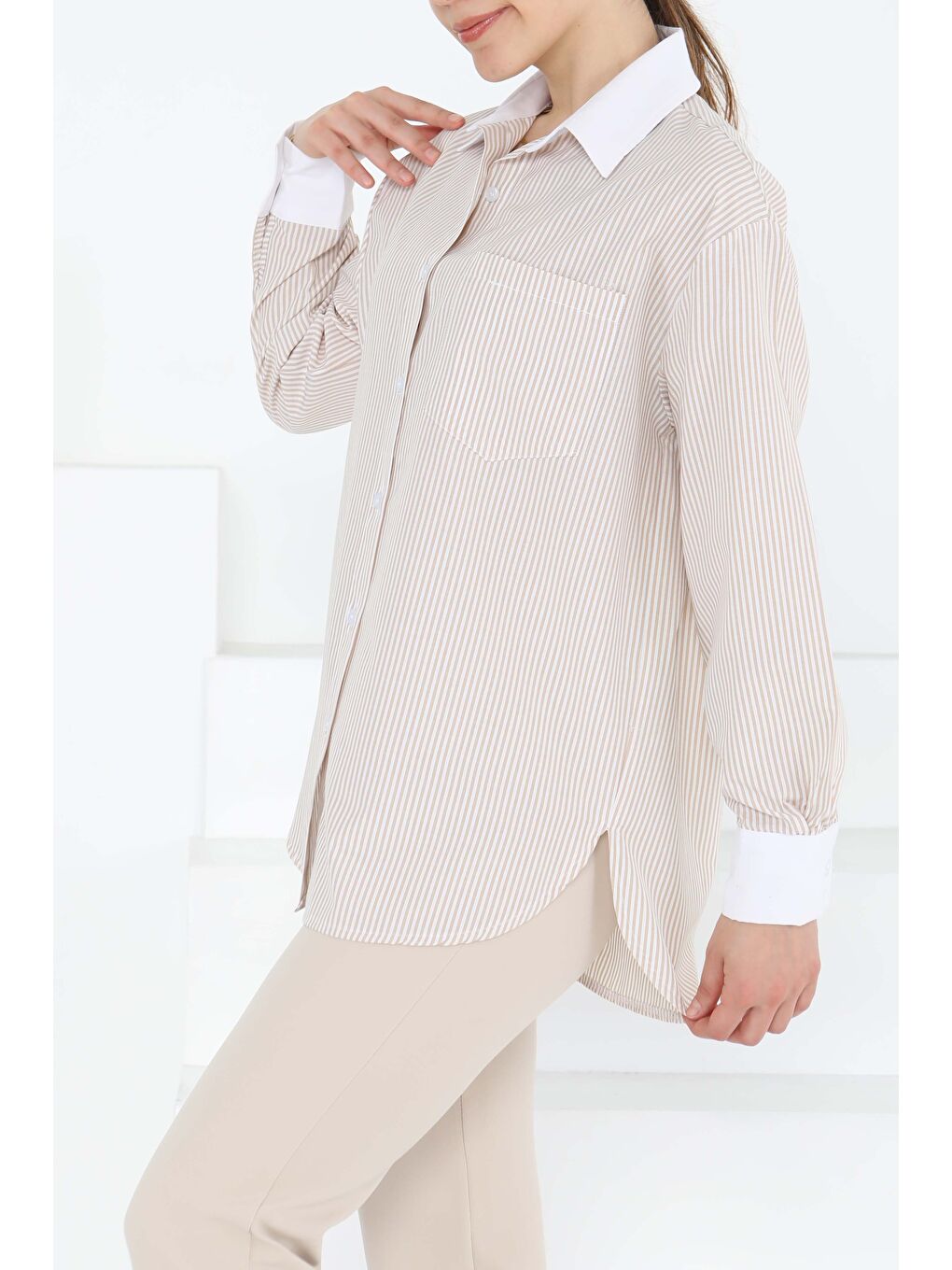 Çizgili Cep Detay Gömlek Bej - 27243-2